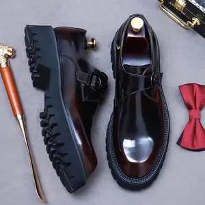 Polished burgundy patent leather monk strap shoes for men with thick lug soles