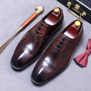Classic brown leather brogue oxford shoes with vintage gradient finish for men