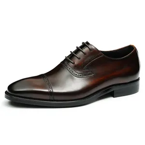 Men's dark brown leather brogue oxford shoes with cap-toe and lace-up design