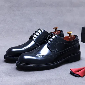 Chaussures Derby Homme en Cuir Vachette Pleine Fleur Brogue Wingtip Chaussures de Ville Polies pour Mariage Bureau Style Britannique