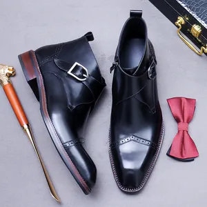 Men's black leather monk strap brogue boots with side zipper in British style