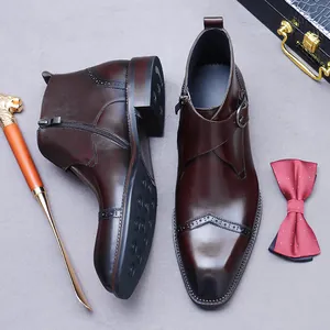 Men's premium dark brown leather brogue boots with side zipper and monk strap design