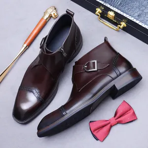 Mens dark brown leather monk strap boots with brogue details and side zipper closure