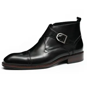 Classic black leather monk strap men's boots with brogue detailing and wood-textured sole