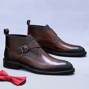 Men's Genuine Leather Monk Strap Martin Boots Vintage Patina Hand Painted Scritto Script Mid Top Leather Boots British Style Square Heel Business Casual Shoes