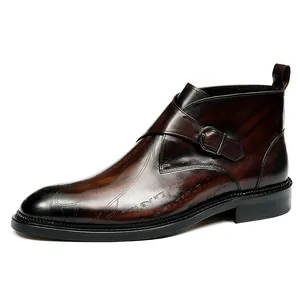 Brown leather monk strap boots for men with gradient finish and side script engraving