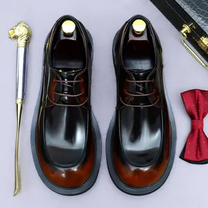 Zapatos Derby de Hombre Negocios Cuero de Vaca Primera Capa Punta Redonda Marrón Bruñido Negro Boda Fiesta Zapatos de Vestir