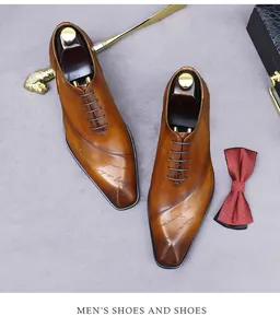 Detailed view of brown leather oxford shoes featuring vintage English text printing