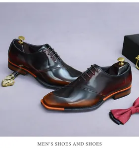 Detail of gradient dark brown leather business shoe with lace-up closure and shoe tree