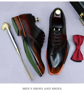 Macro detail of men's leather dress shoes with ombre gradient finish and square toe