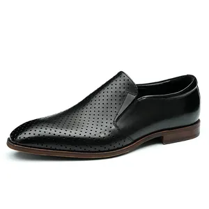 Men's summer hollow genuine leather business loafers with breathable perforated design