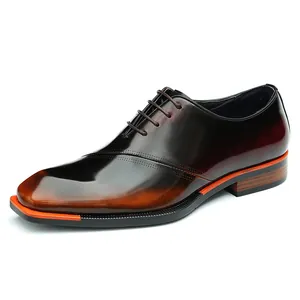 Classic dark brown leather Oxford shoes for men with square toe and orange sole detail