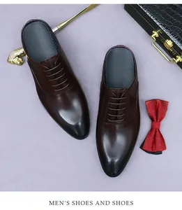 Top view of men's dark brown leather lace-up mules with gradient toe and business props