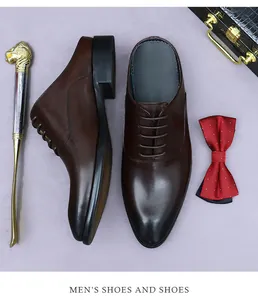 Macro view of dark brown leather mule shoes with classic derby lacing and pointy toe