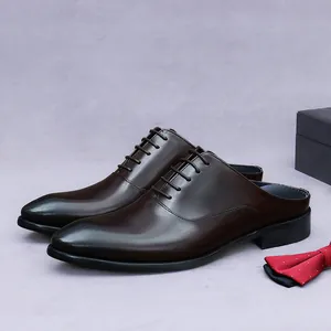 Men's Cowhide Leather Business Mules Pointed Toe Burnished Backless Oxford Shoes Casual Gentleman Half Slippers Lace-up Footwear