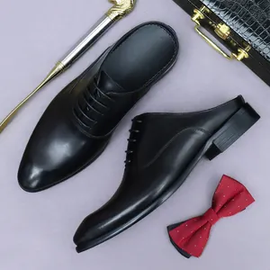 Men's black genuine leather lace-up mules in a professional business casual style