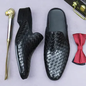 Schwarze geflochtene Leder-Mules für Herren, atmungsaktive Slipper für den Sommer