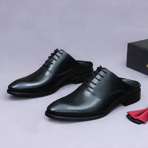 Men's black leather lace-up mule loafers with pointed toe and business casual style