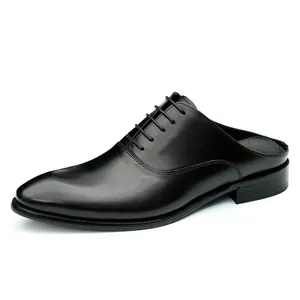 Classic black leather business mule for men with oxford style lacing and open heel
