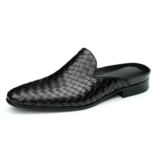 Handgewebte schwarze Leder-Mules für Herren mit atmungsaktivem, spitz zulaufendem Design