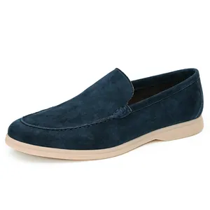 Mocassins pour hommes en daim bleu marine avec semelle en caoutchouc et surpiqûres