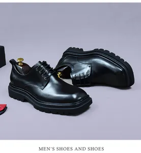 Detail view of black leather derby shoe featuring thick non-slip sole and premium lacing