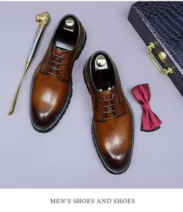 Overhead view of men's dark brown leather derby shoes with professional accessories