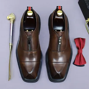 Men's Cowhide Business Dress Shoes Front Zipper Square Toe Height Increasing Platform Formal Office Wedding Party Leather Shoes
