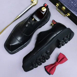 Men's black platform leather shoes with square toe and zipper on a luxury purple background