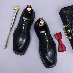 Formal black leather derby shoes with front zipper closure and thick platform sole