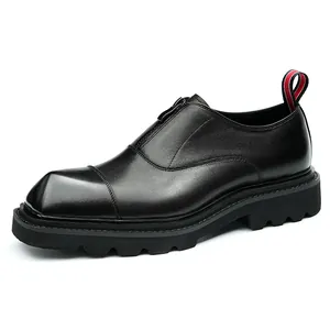 Men's platform black leather shoes with front zipper and signature tricolor stripe pull-tab