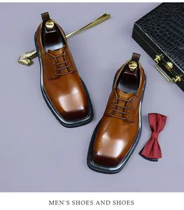 Brown leather derby shoes with gradient finish and square toe on luxury background