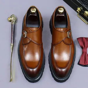 Herren Echtes Rindsleder Monkstrap Schuhe Einzelne Schnalle Profilsohle Business Formelle Halbschuhe Vintage Brüniert Schuhwerk