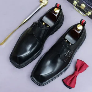 Formal black leather monk strap shoes with platform sole and stylish square pointed toe