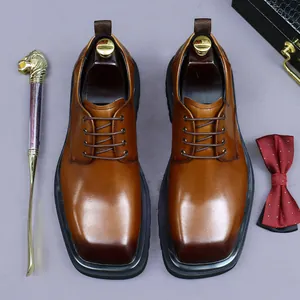 Men's Genuine Cowhide Leather Derby Shoes Square Toe Chunky Thick Sole Lace-up Height Increasing Business Wedding Dress Shoes