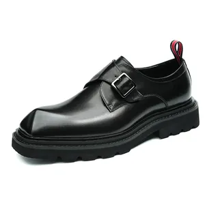 Men's black genuine leather monk strap formal shoes with platform sole and square toe design