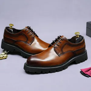 Handmade Cowhide Leather Derby Shoes For Men Luxury Brogue Carving Thick Sole Breathable Formal Business Wedding Dress Shoes