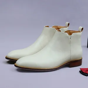 Men's Business Gentleman Genuine Cowhide Leather Chelsea Boots Beige Mid Top Martin Boots With Side Zipper Casual Dress Shoes