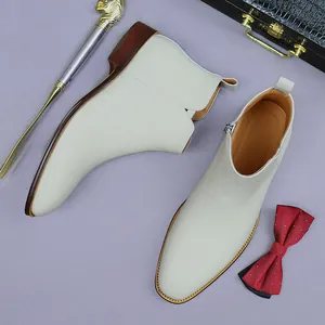 Men's cream white leather Chelsea boots with side zipper and elegant brown stacked sole