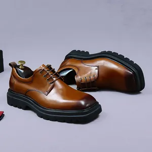 Men's dark brown leather derby shoes with vintage rub-off finish and thick lug soles