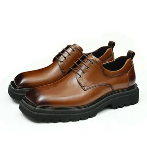Brown leather derby shoes for men with vintage gradient finish and chunky lug soles
