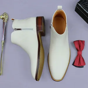 Men's cream white leather business boots with side zipper and wood texture sole