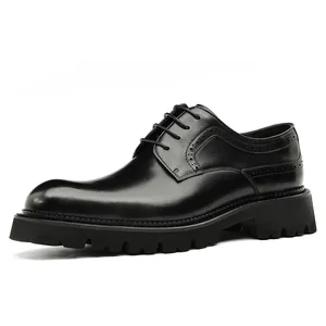 Classic black leather Brogue derby shoes with thick lug sole and elegant floral carving
