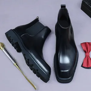 Men's premium black leather Chelsea boots with chunky lug sole and square toe design