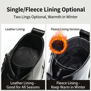 Detail view of black leather boots showing leather lining and warm fleece lining options