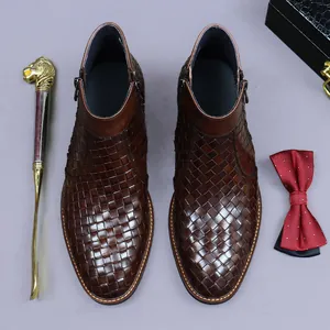 Stivaletti premium in pelle intrecciata testa di moro con cerniera e cuciture Goodyear