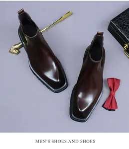Top-down view of premium dark brown leather boots with square toe and polished finish