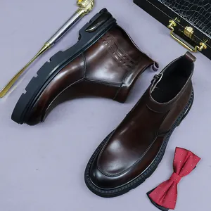 Heren Martin boots van donkerbruin echt leer met rits aan de zijkant en dikke rubberen zool