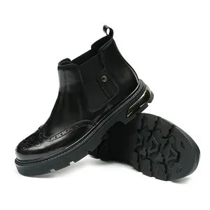 Men's black Chelsea boots with Brogue carving, elastic sides and air-cushioned thick sole