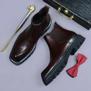Men First Layer Cowhide Chelsea Boots Business Casual Square Toe Platform Leather Martin Boots Slip On High Top Work Boots